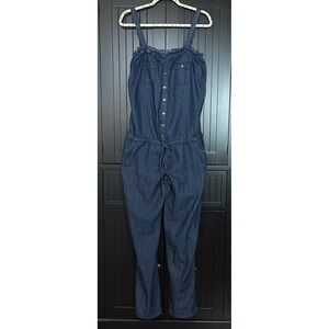 Chesley Denim Jumpsuit L Button Front Drawstring Waist Sleeveless Romper